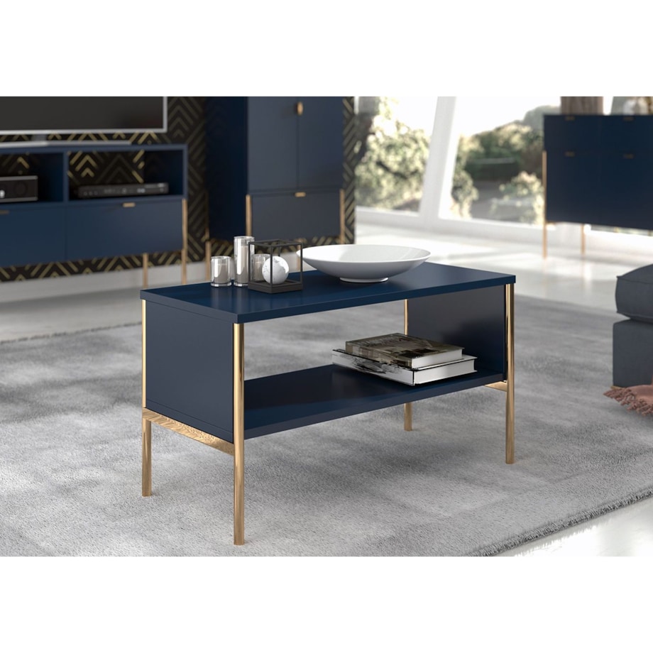 Elegancki granatowy stolik kawowy Skandica POLKA na złotych nóżkach