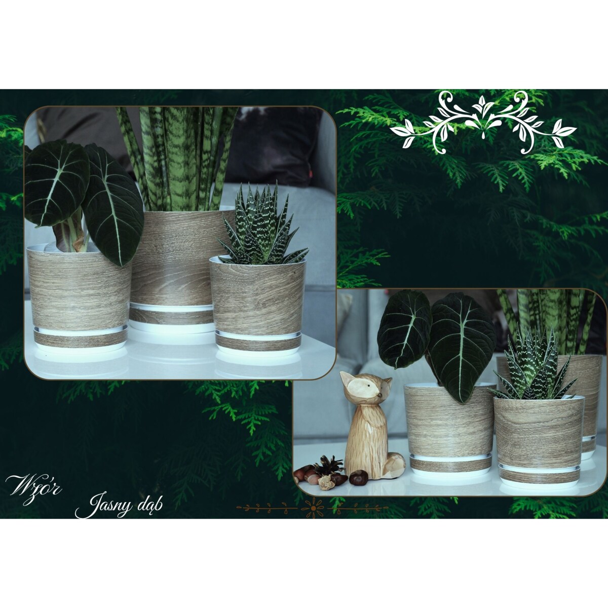 32 cm wzór JASNY DĄB Doniczka z podstawką imitacja dębowej deski drewna styl naturalny drewnopodobna duża donica