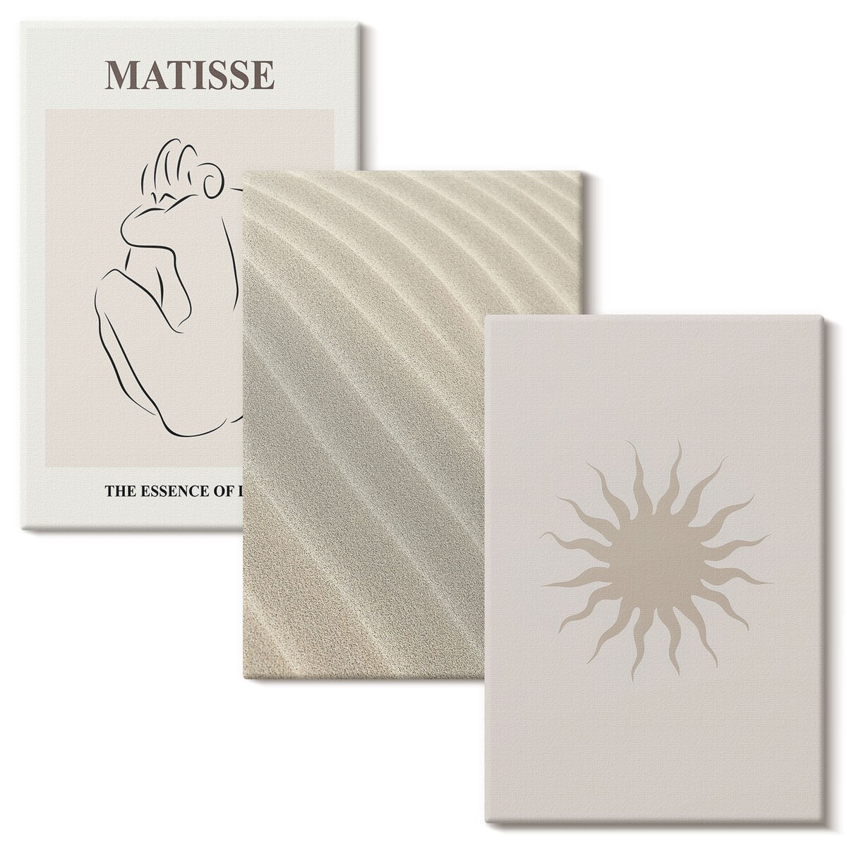 Zestaw 3 dużych obrazów na płótnie - Minimalistyczne linie piasku słońce - beżowy