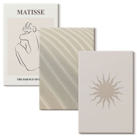 Zestaw 3 dużych obrazów na płótnie - Minimalistyczne linie piasku słońce - beżowy