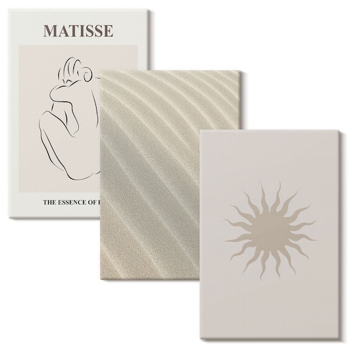 Zestaw 3 dużych obrazów na płótnie - Minimalistyczne linie piasku słońce - beżowy