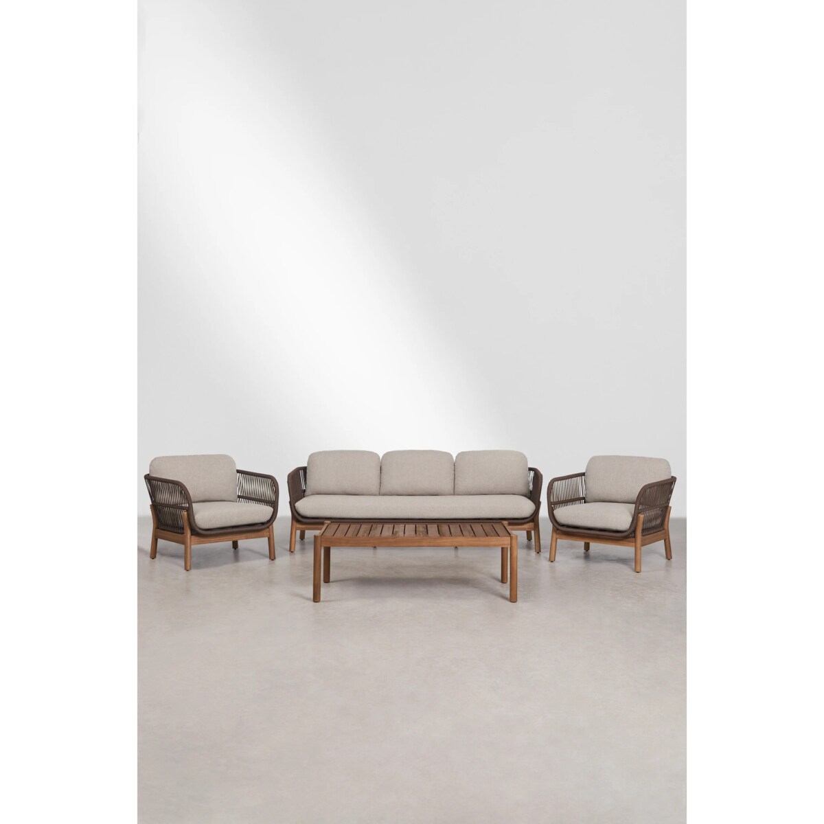 Zestaw ogrodowy: 3-osobowa sofa, 2 fotele, stolik kawowy, akacja i pleciona lina, Karvia