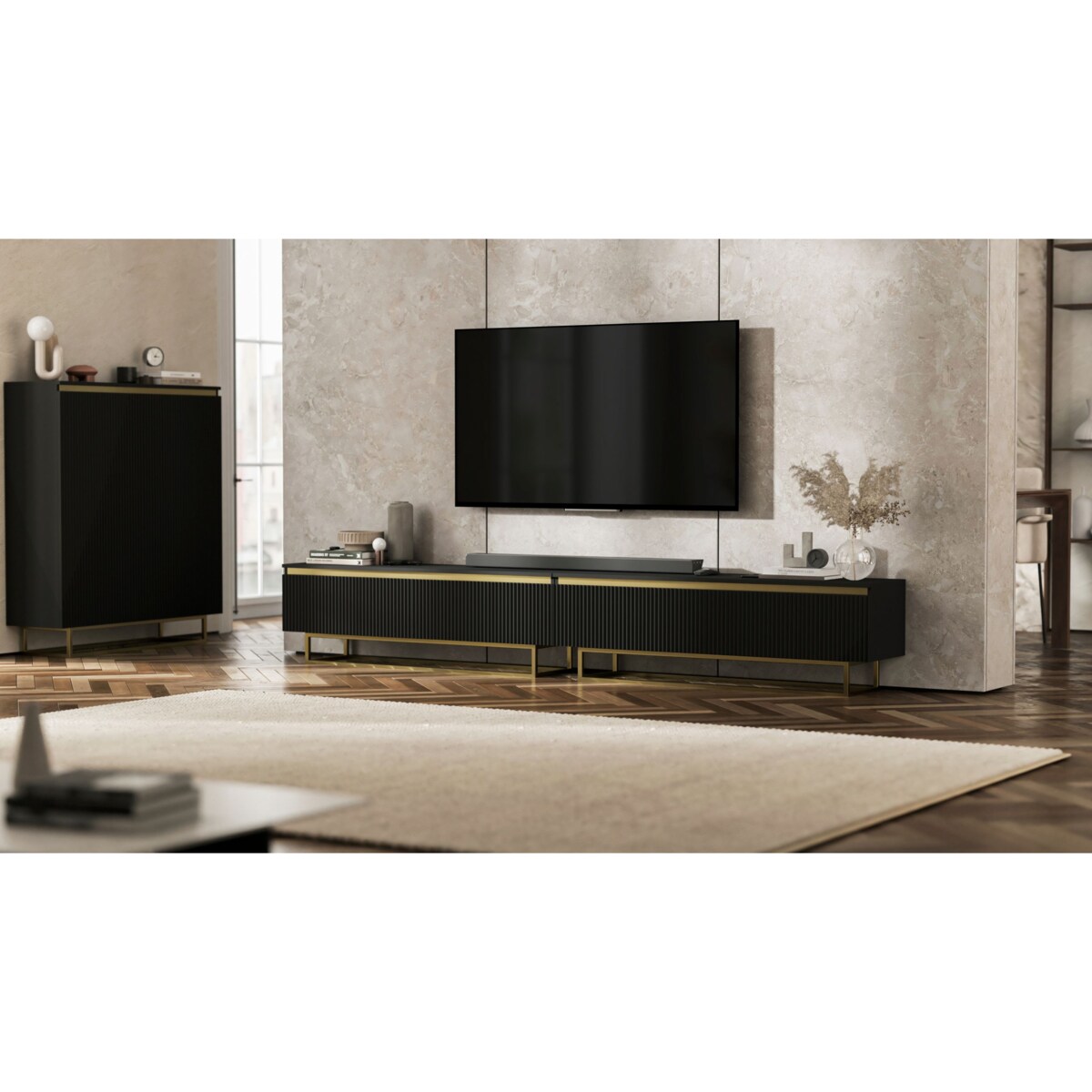 Nowoczesna Szafka RTV Glamour Komoda RTV Czarny Mat 280 cm złote akcenty