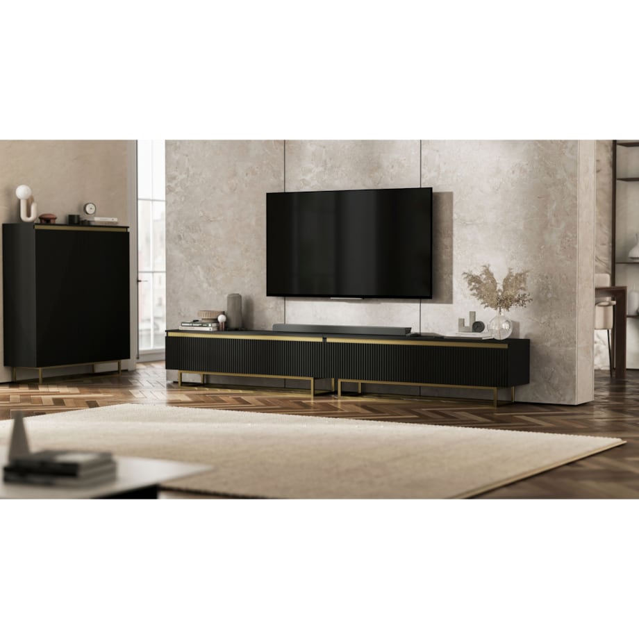 Nowoczesna Szafka RTV Glamour Komoda RTV Czarny Mat 280 cm złote akcenty