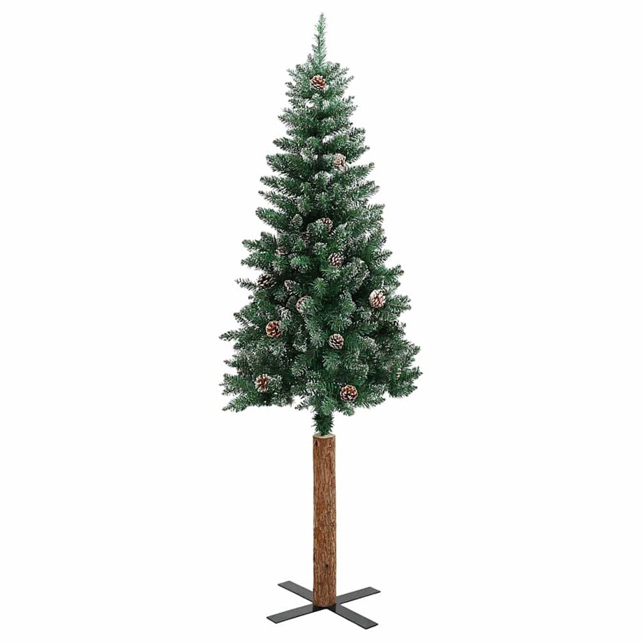 vidaXL Smukła choinka z drewnem i śniegiem, zielona, 150 cm