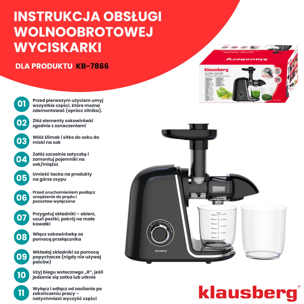 Sokowirówka wolnoobrotowa 150W do owoców i warzyw COLD PRESS KLAUSBERG KB-7866