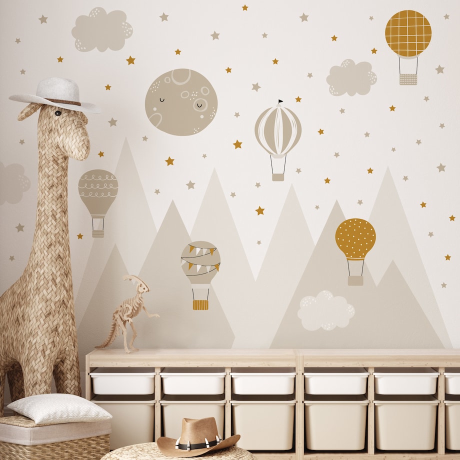 NAKLEJKI NA ŚCIANĘ DLA DZIECI BEŻOWE GÓRY GWIAZDY BALONY CHMURKI ZESTAW