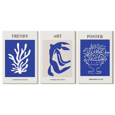 Zestaw 3 małych obrazów na płótnie - Abstrakcyjne plakaty Matisse boho - niebieski