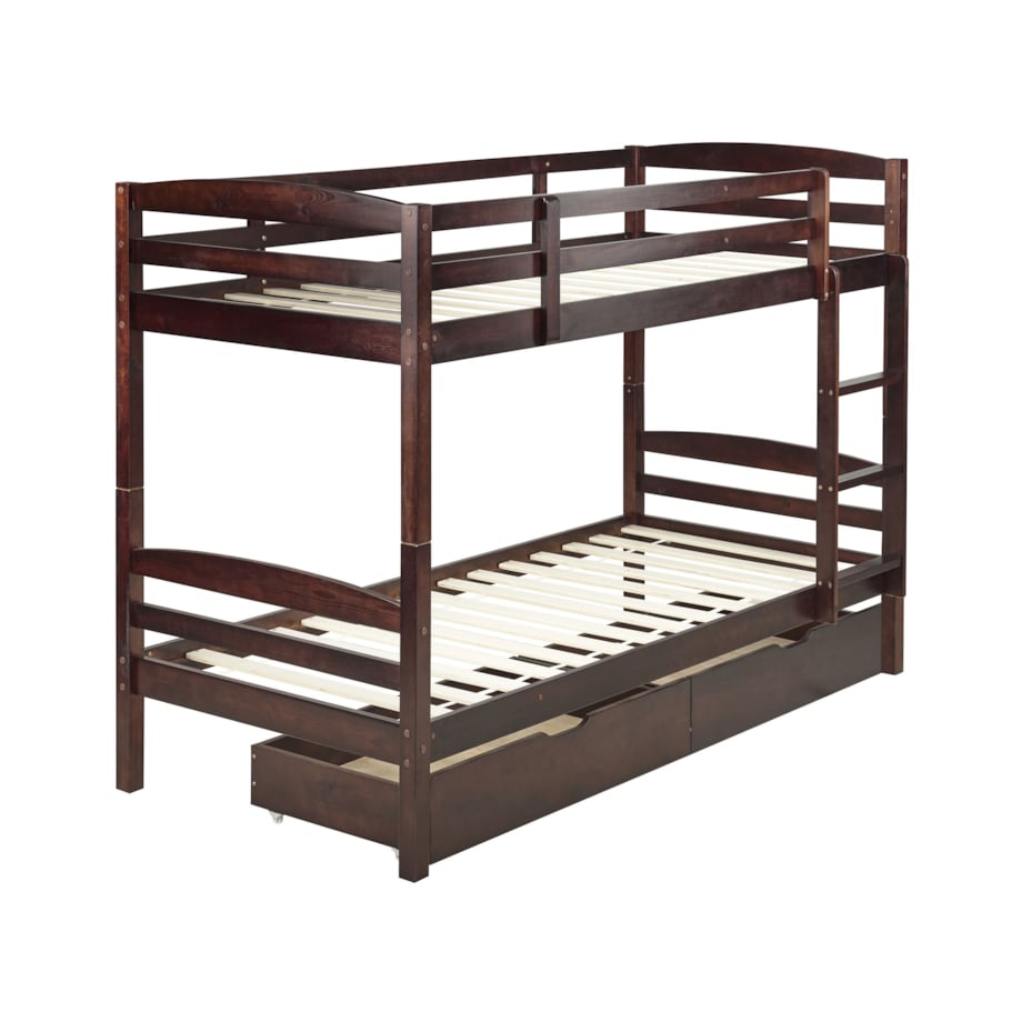 Łóżko piętrowe z szufladami drewniane 90 x 200 cm ciemne REGAT