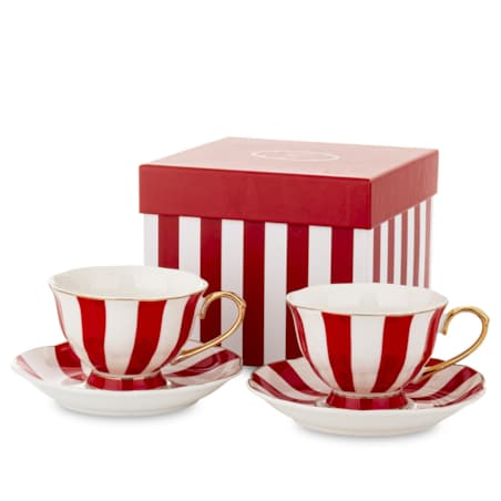 Filiżanki porcelanowe ze spodkami w pudełku 220 ml BETTY- czerwone paski jednolite