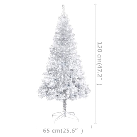 vidaXL Sztuczna choinka z lampkami i bombkami, srebrna, 120 cm, PET