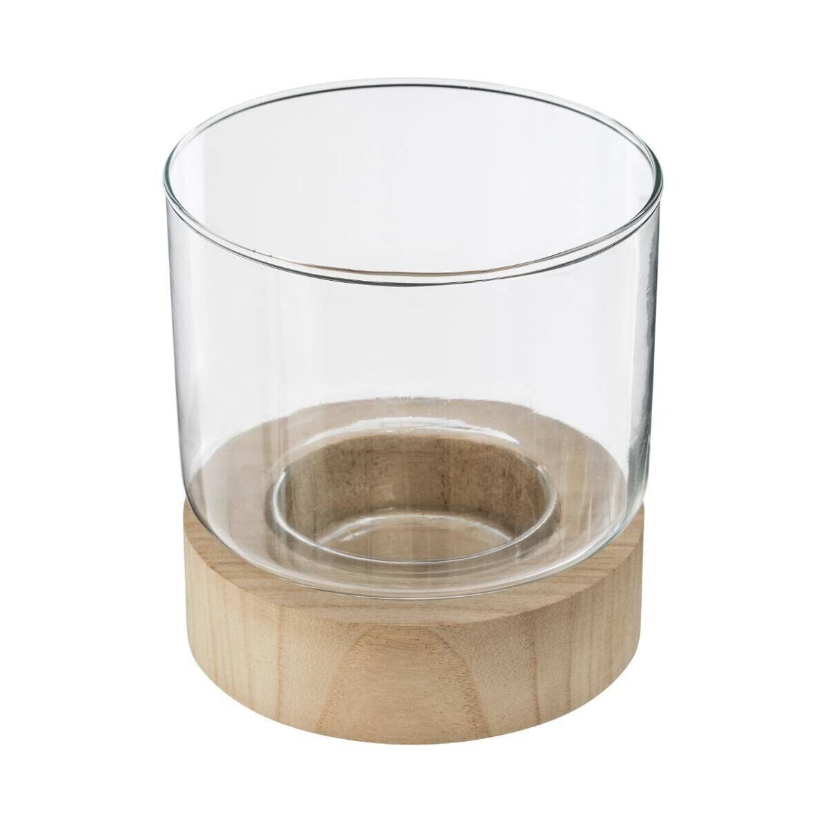 Komplet świeczników ze szkła Ete z drewnianymi podstawkami, 3 sztuki