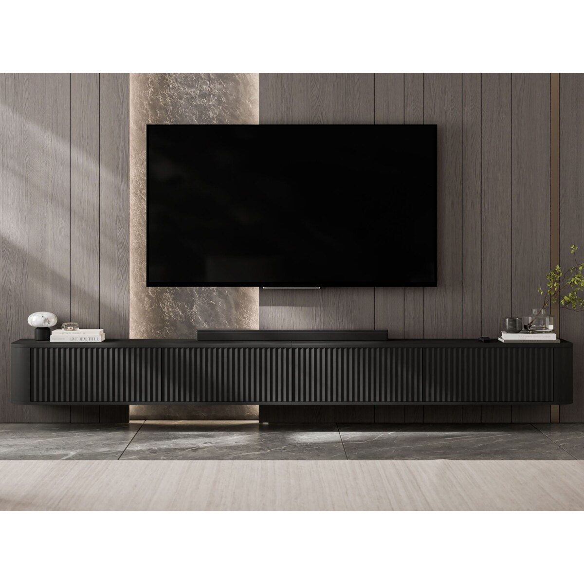 Szafka RTV Wisząca 280 cm Glamour Czarny Mat Nowoczesna Komoda RTV