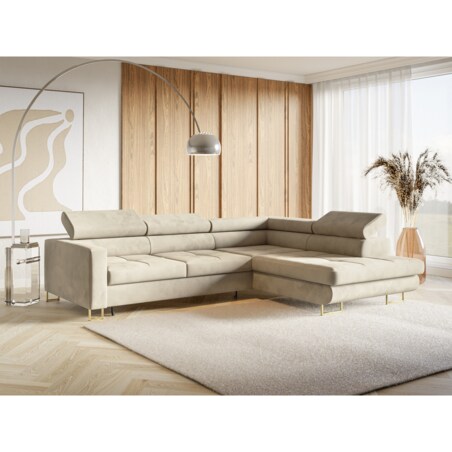 Narożnik rozkładany MERY z regulowanymi zagłówkami na złotych nóżkach prawy