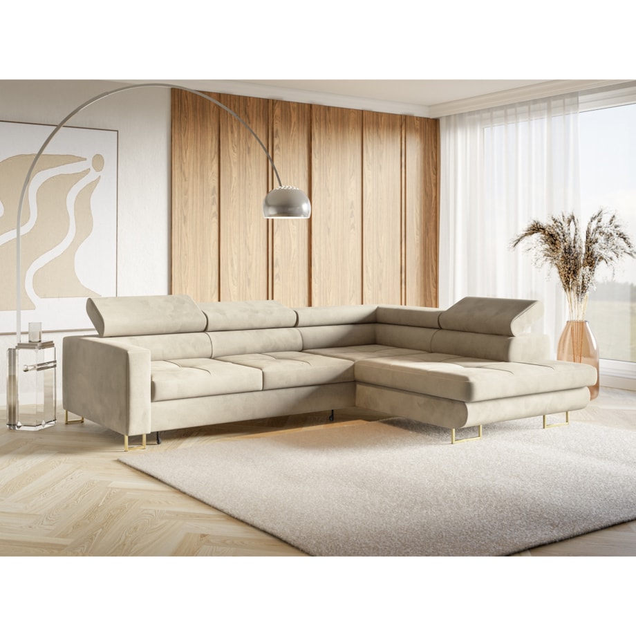 Narożnik rozkładany MERY z regulowanymi zagłówkami na złotych nóżkach prawy