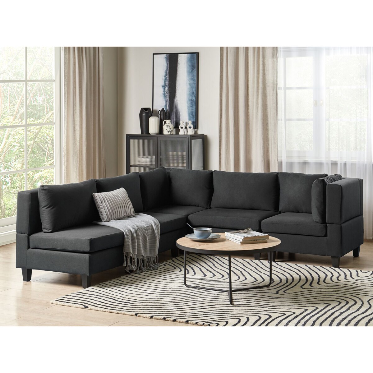 Tapicerowany lewostronny narożnik modułowy 5-osobowy czarny UNSTAD