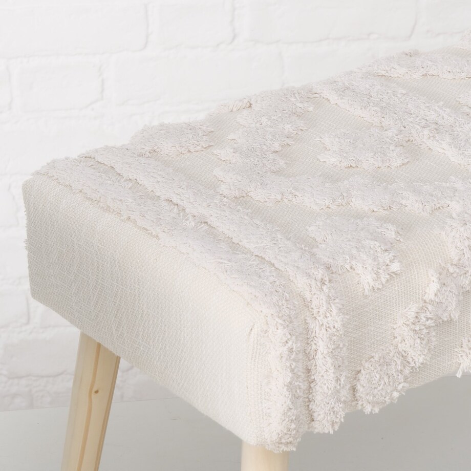 Ławka tapicerowana boho KADI z drewnianymi nogami, 60 x 32 x 41 cm