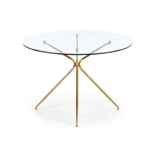 STÓŁ OKRĄGŁY Dore TRANSPARENTNY szklany blat ZŁOTE NOGI