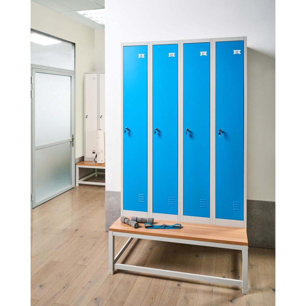Szafa socjalna ubraniowa czterodrzwiowa z ławką ATHLETE Metal Szary/ niebieski