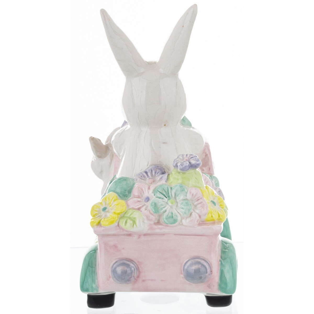 Dekoracja - króliki w samochodzie z kwiatami 20x10,5x19 cm różowy