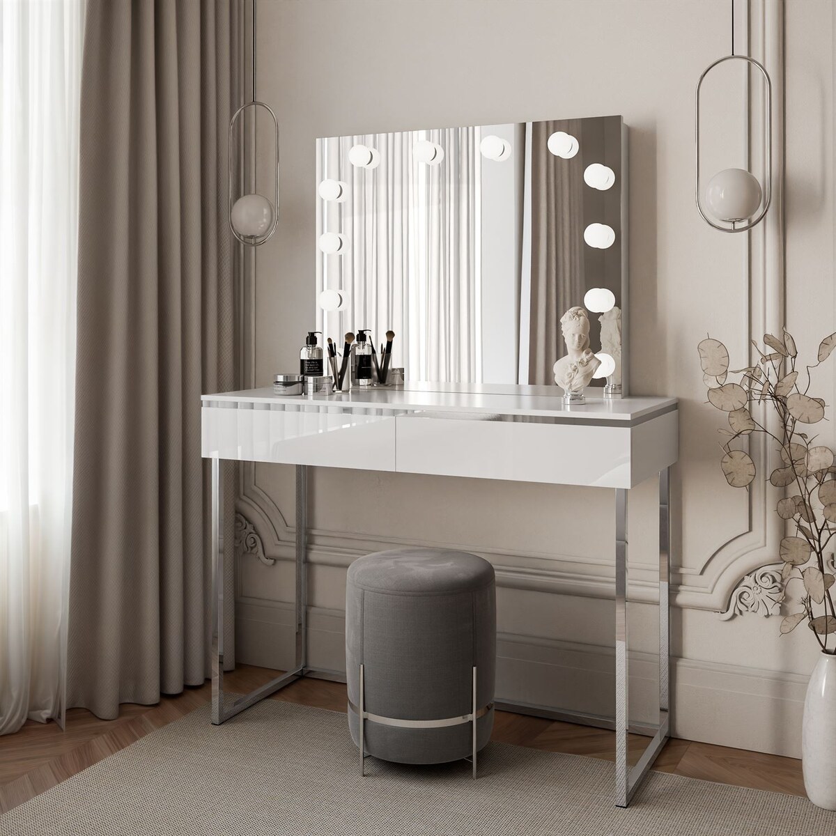 Toaletka kosmetyczna AURORA SILVER ELITE z lustrem biały połysk