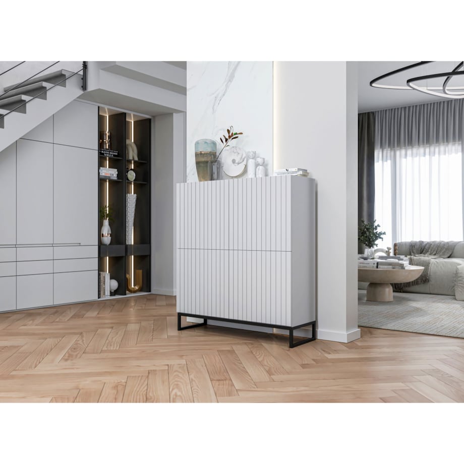 Komoda RTV Industrialna Szafka RTV Loft Biały Mat Glamour Ryflowane Fronty 112 cm Rama