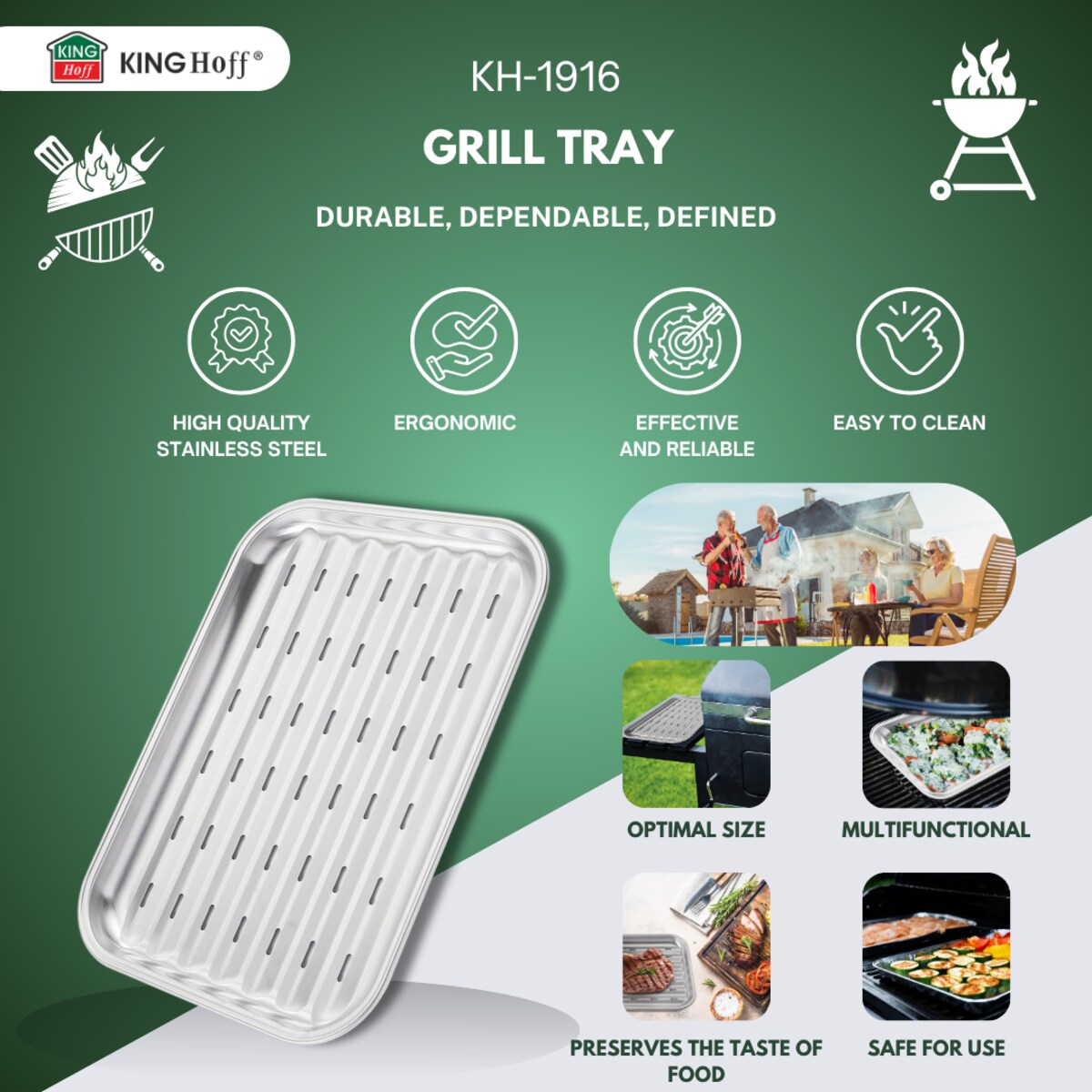 Tacka do grillowania, wielokrotnego użytku, 34x24x2cm, stal nierdzewna, KINGHOFF