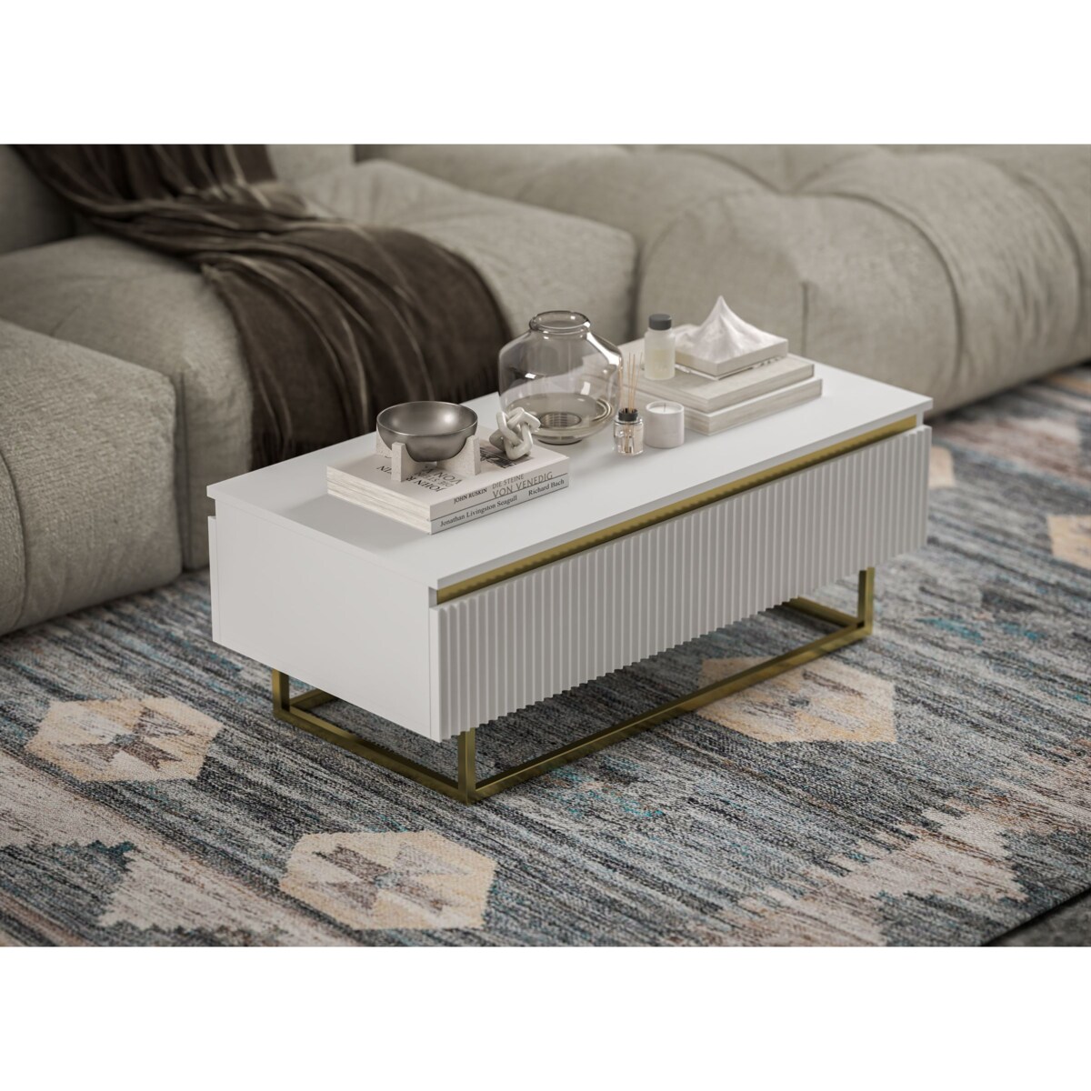 Stolik kawowy Glamour prostokątny elegancka ława Biały Mat Stelaż w złotym kolorze 109 cm