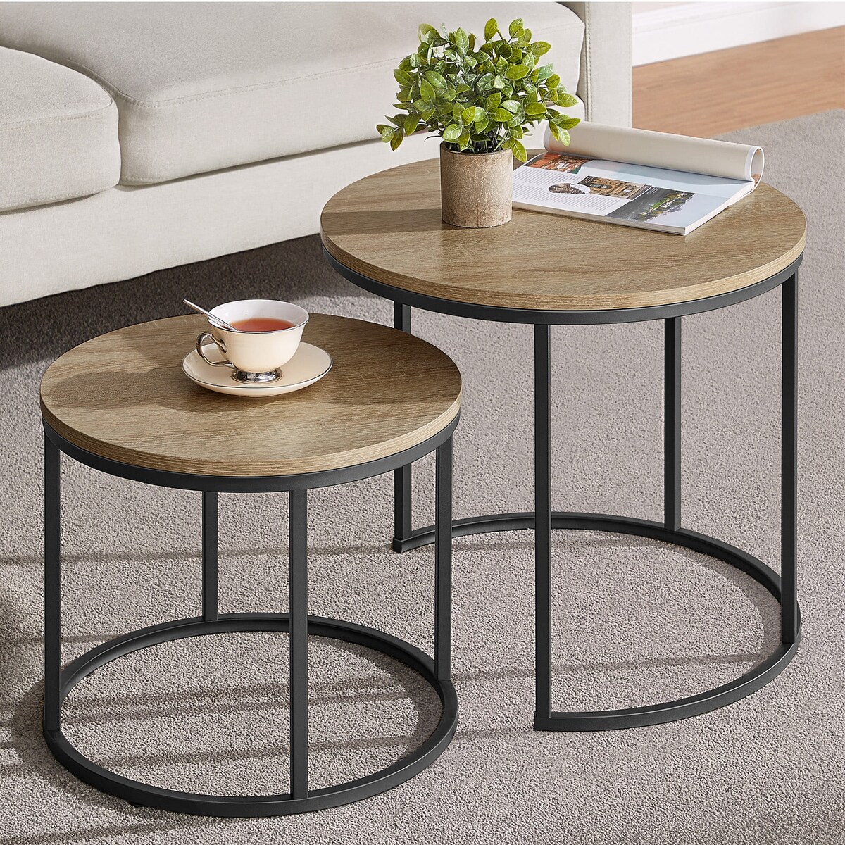 Stolik Kawowy Okrągły 2 Sztuki Dąb, Czarny