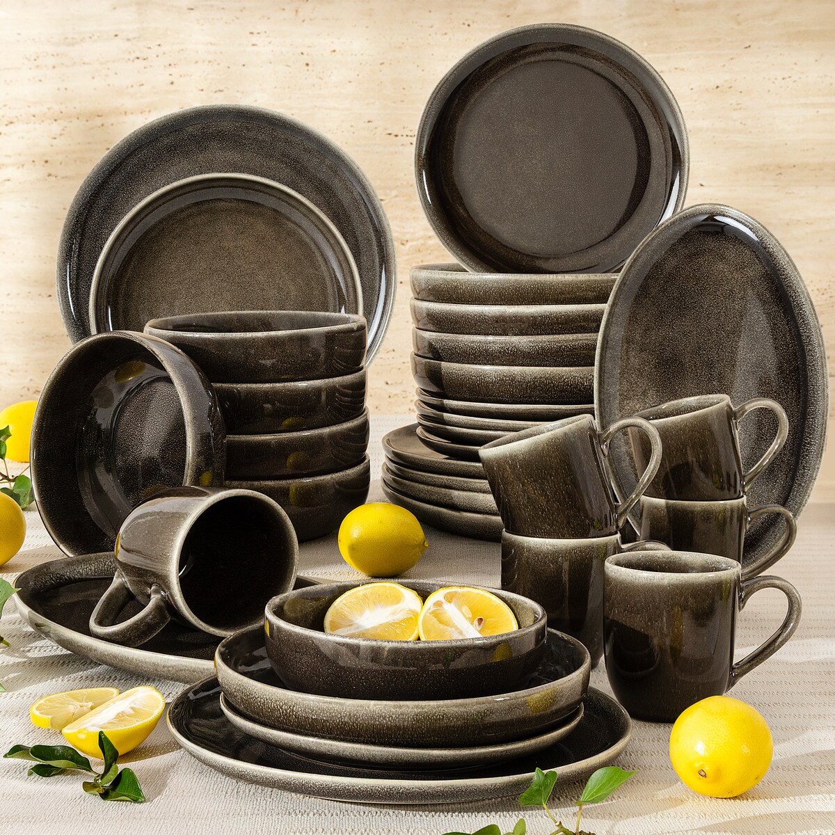 EDA Zestaw obiadowy 6 os. (32 el.), brązowy/szary/beżowy