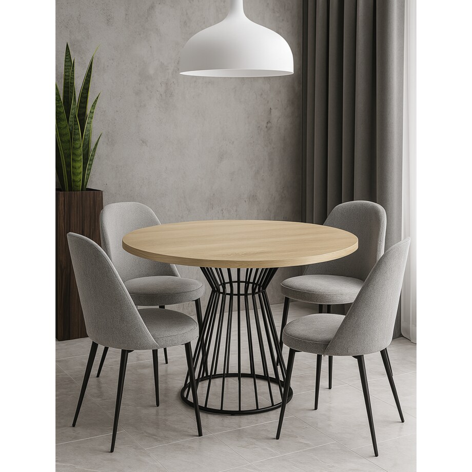 Okrągły stół Reo do salonu z metalową podstawą, blat 110 cm- dąb sonoma