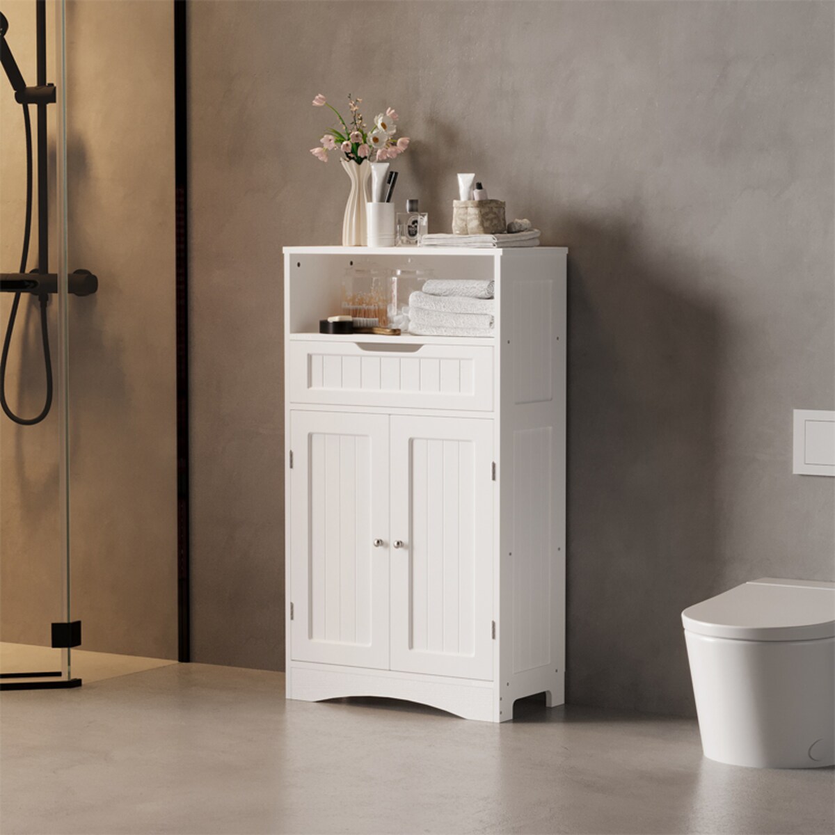 Szafka łazienkowa wielofunkcyjna do przechowywania – drzwiczki + szuflada – styl loft