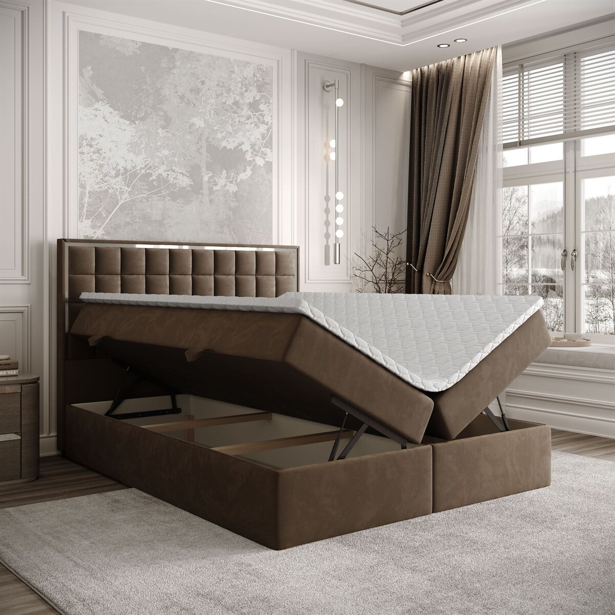 Łóżko kontynentalne ISADORA SILVER, pojemnik na pościel, 180x200, RV 196, topper