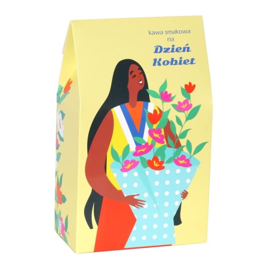 Zestaw prezentowy dla Niej. Box z kawą na Dzień Kobiet na prezent upominek. Zestaw 10 mielonych kaw smakowych, elegancka biała filiżanka ze spodkiem i czekoladowe serce z truskawkami