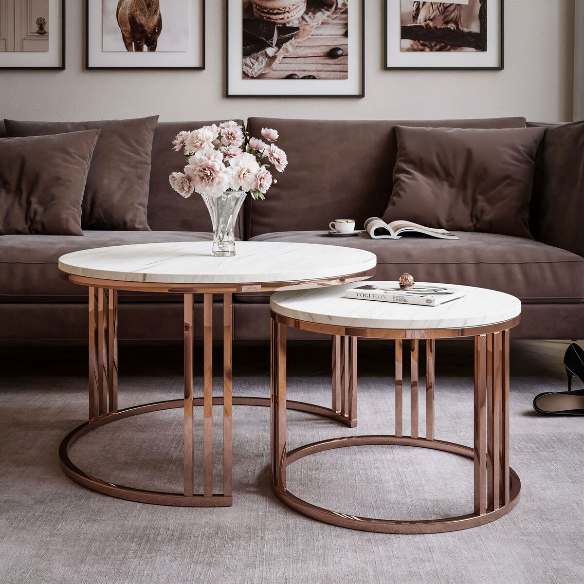 Zestaw stolików kawowych LORI 2w1 mat, miedziana podstawa, Marmur Levanto