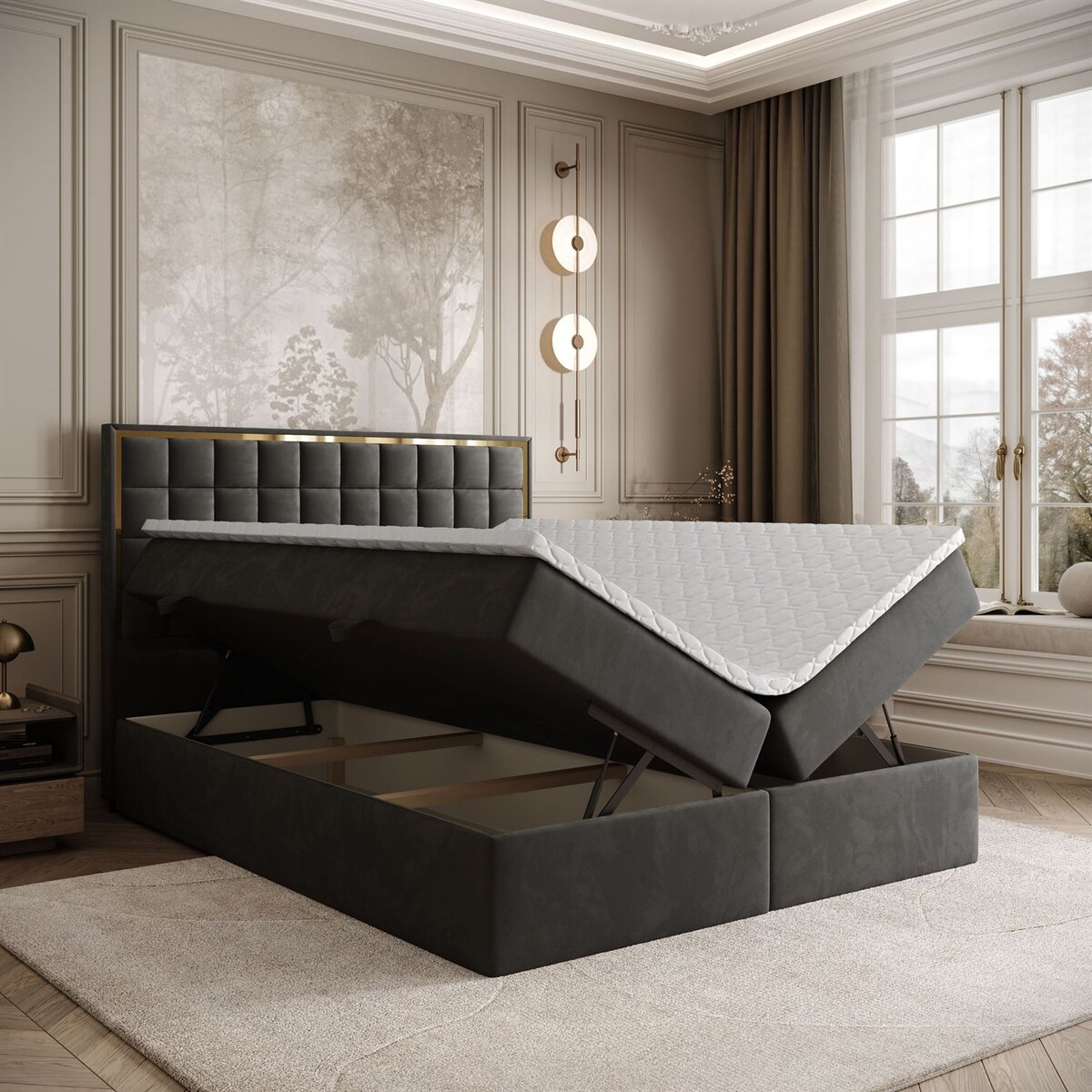 Łóżko kontynentalne ISADORA GOLD, pojemnik na pościel, 160x200, RV 185, topper