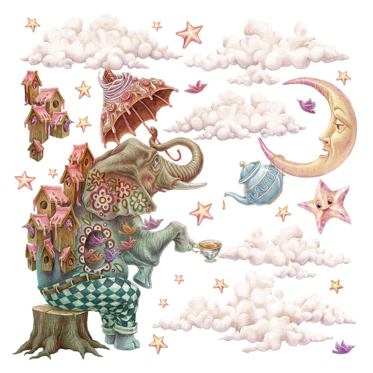 Zestaw naklejek na ścianę, Pastelowe zwierzęta z bajki - słoń, 60cm