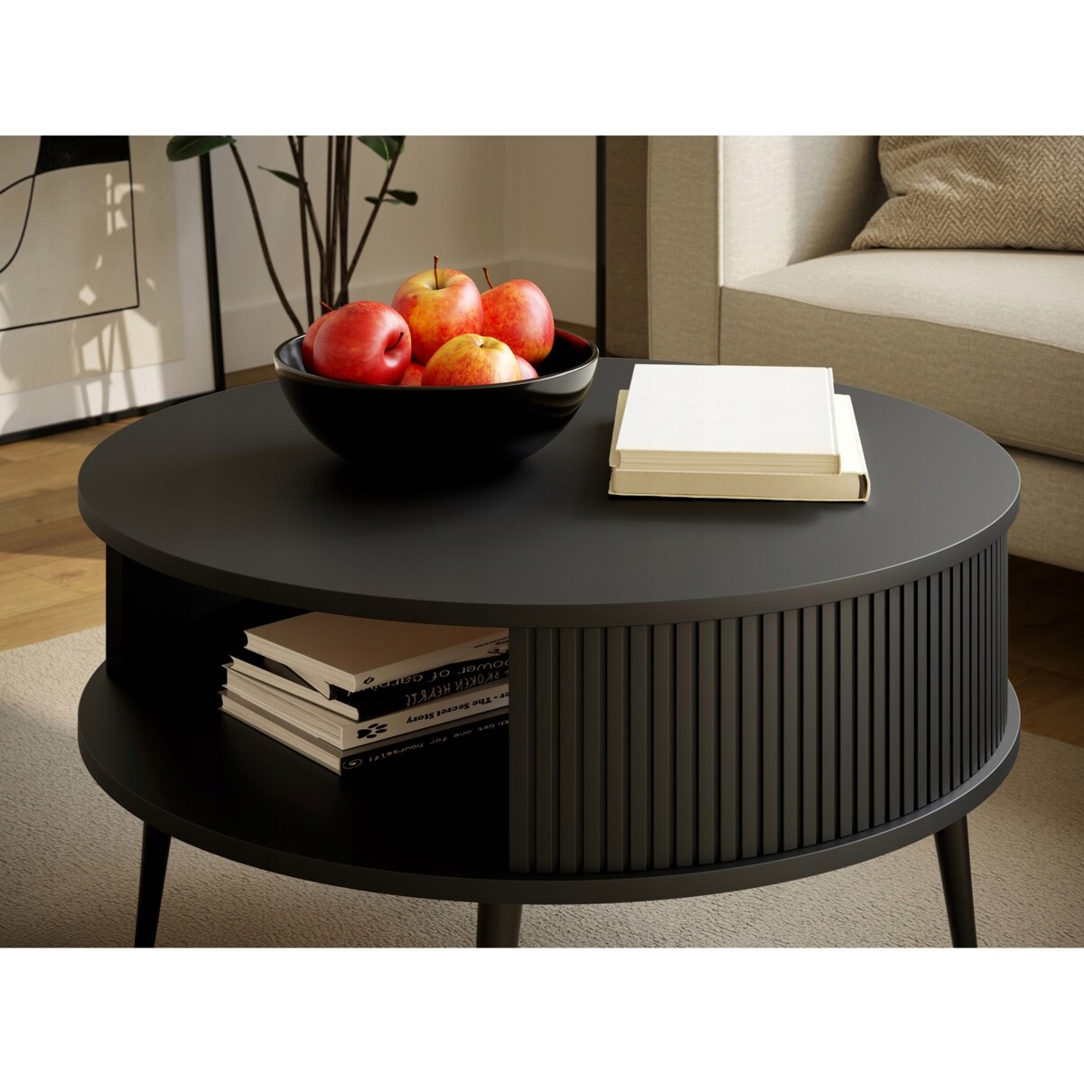 Stolik Kawowy CZARNY Lamele Okrągły VERLO 76 cm Loft Nowoczesny PREMIUM