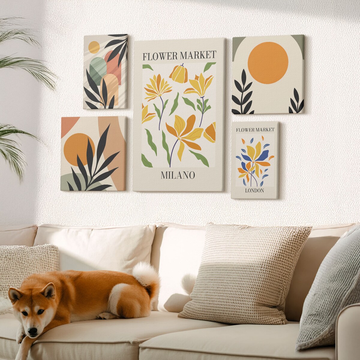 Zestaw 5 obrazów na płótnie - Kwiaty abstrakcyjne boho styl - pomarańczowy