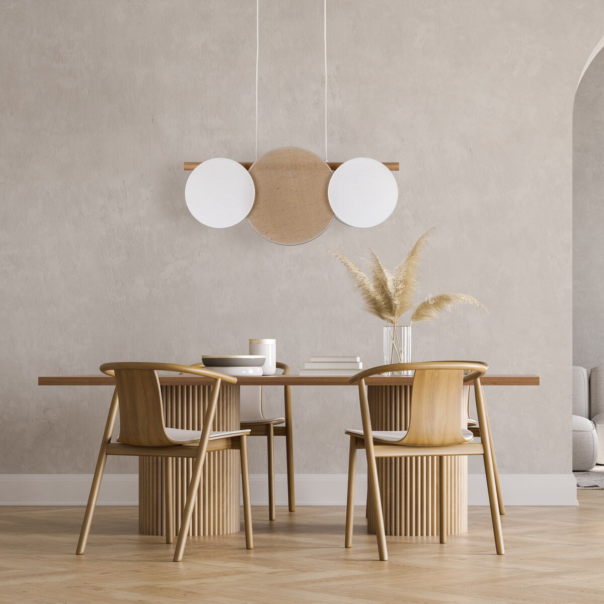 Lampa wisząca TK Lighting PULSE 10005 3xE27 biała z drewnem i jutą, regulowana wysokość, nowoczesna do salonu i jadalni