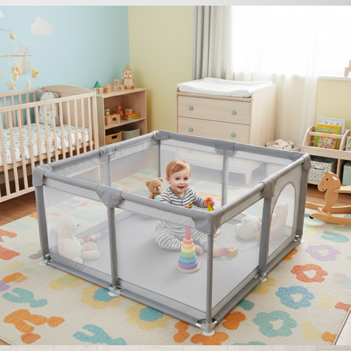 Kojec dla dziecka 126x126 cm suchy basen plac zabaw szary + piłki + torba