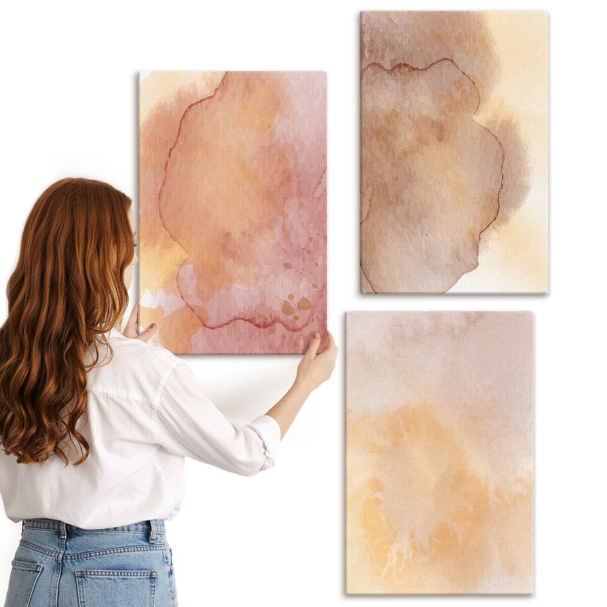 Zestaw 3 dużych obrazów na płótnie - Ciepłe akwarele barwne tekstury - pomarańczowy