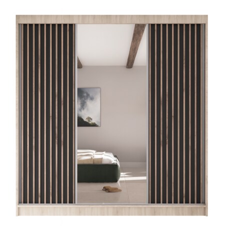 Szafa przesuwna lamele V200 z lustrem i szufadami-sonoma+czary front