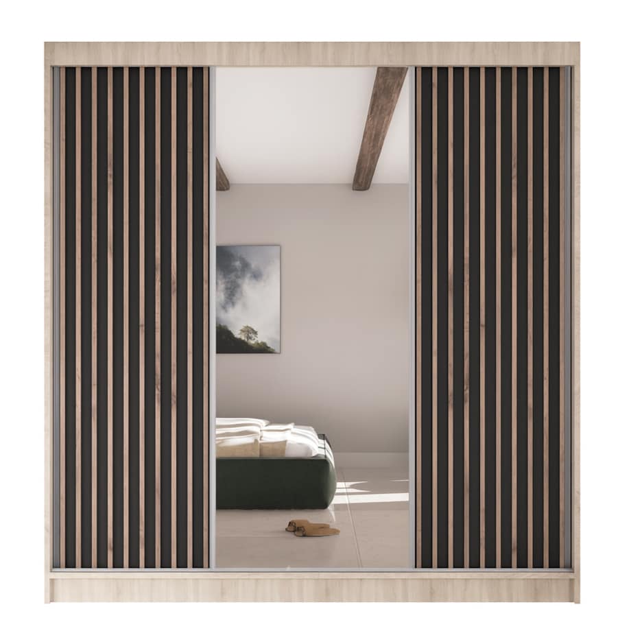 Szafa przesuwna lamele V200 z lustrem i szufadami-sonoma+czary front