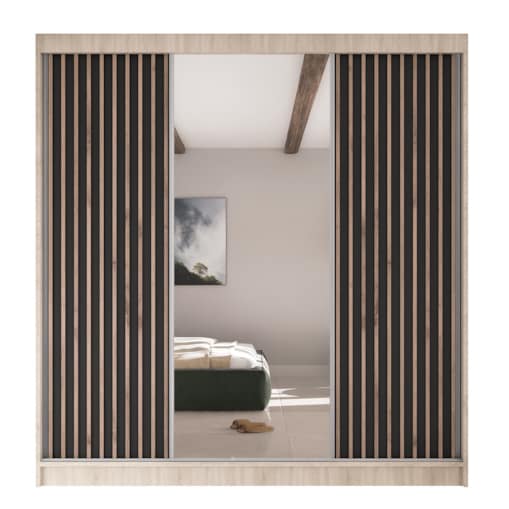 Szafa przesuwna lamele V200 z lustrem i szufadami-sonoma+czary front