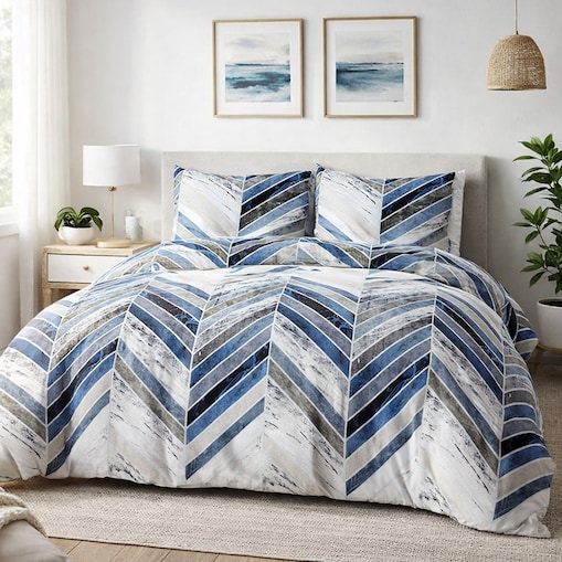 Pościel bawełniana 220x200 Bluewave niebieska w geometryczny wzór, Cottonlove