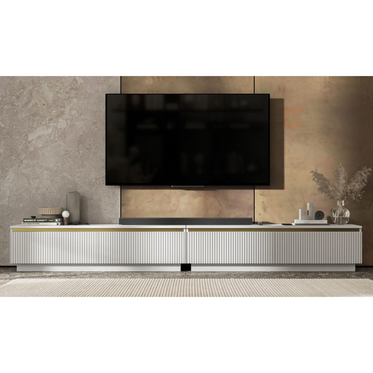 Nowoczesna Szafka RTV Glamour Komoda RTV Biały Mat 280 cm ryflowane fronty