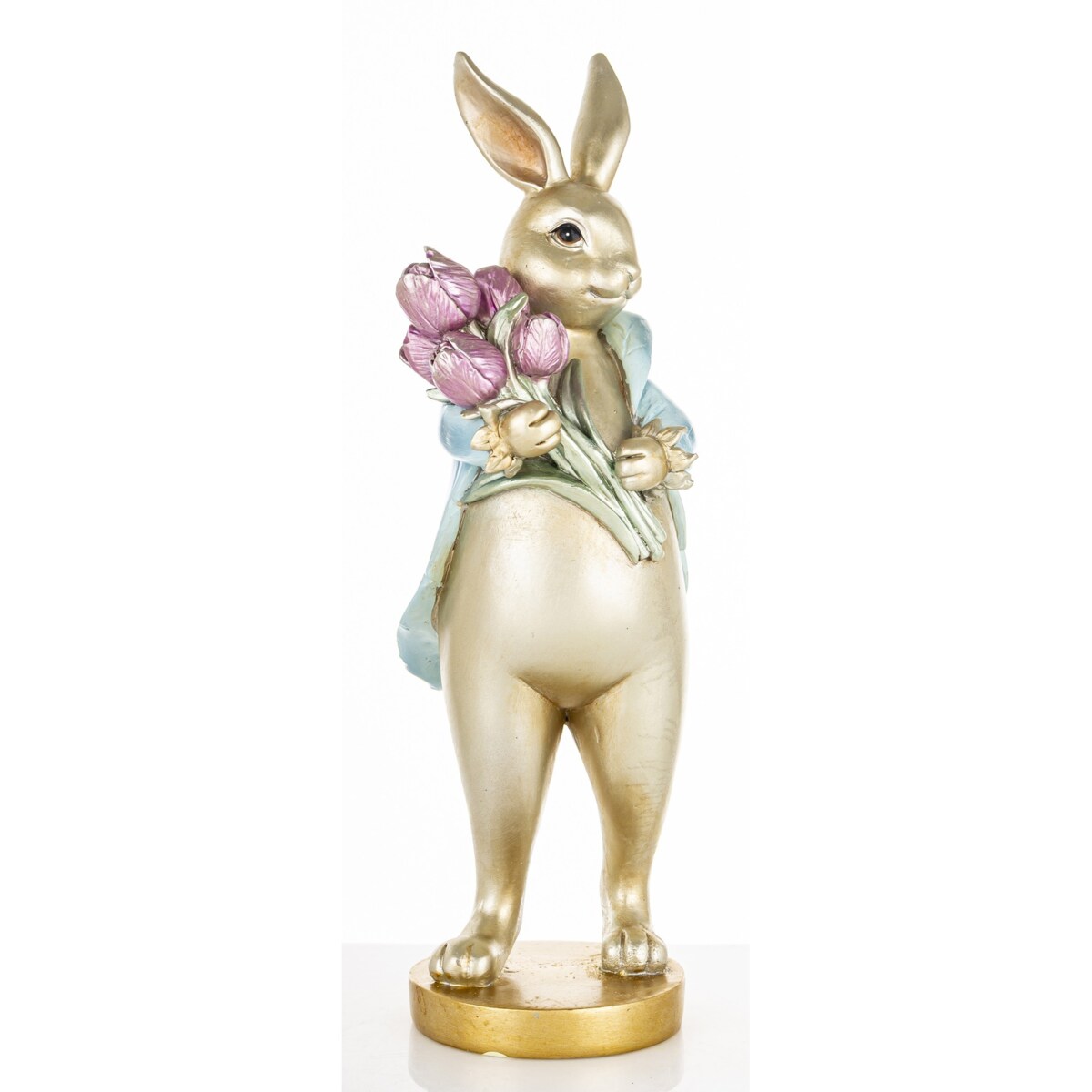 Dekoracja - królik z bukietem tulipanów 31x10x11 cm w niebieskim płaszczu