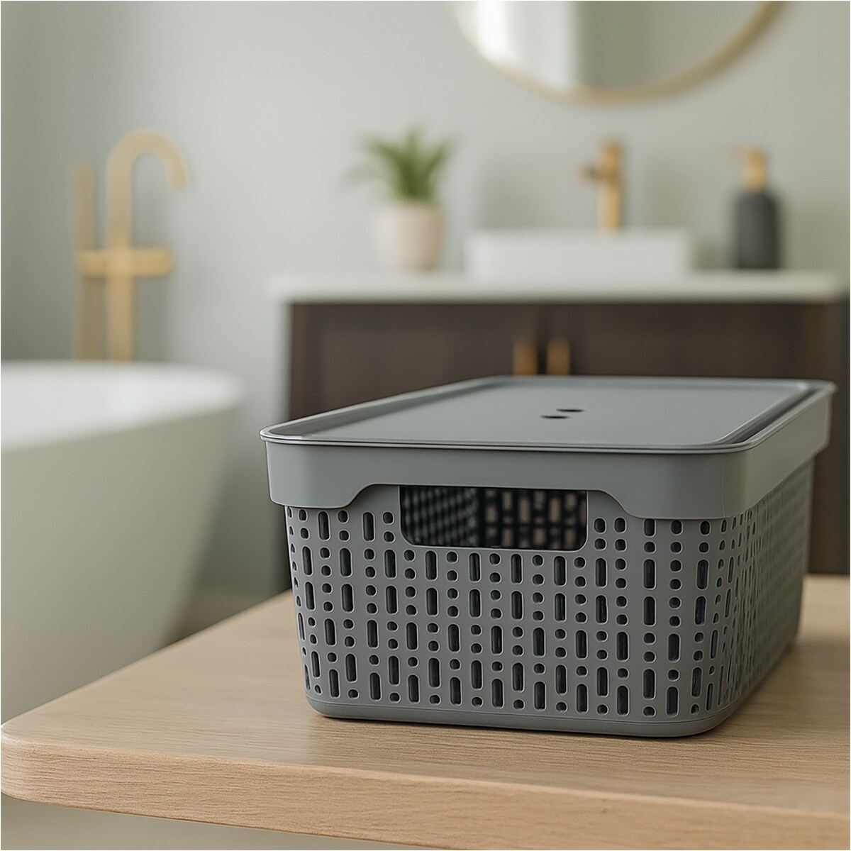 Koszyk Koszyczek Ażurowy L Plastikowy Na Kosmetyki Do Łazienki Pojemnik Z Pokrywką Zamykany Z Dziurkami Szary