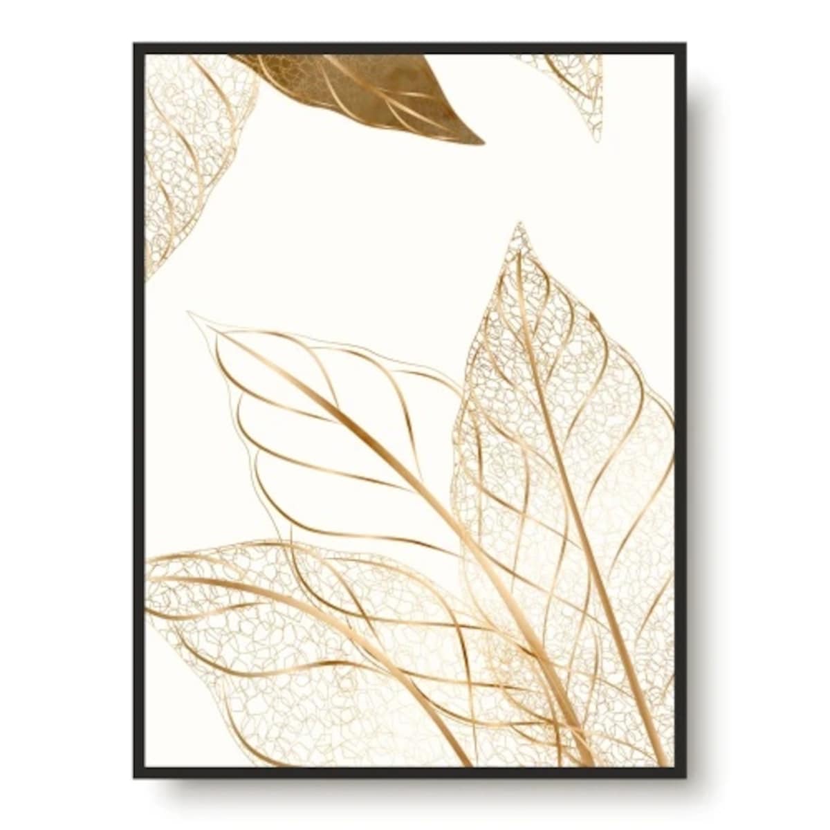 Obrazy Plakaty ze Złotem w Czarnej ramie na ścianę do salonu Liście 50x70